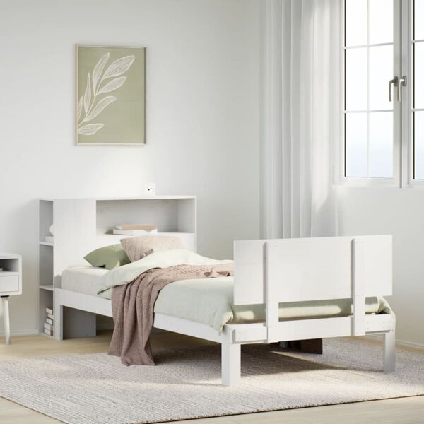 vidaXL Cama com estante sem colch&atilde;o 75x190 cm pinho maci&ccedil;o branco