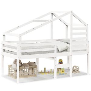 vidaXL Cama alta com telhado 90x190 cm pinho maci&ccedil;o branco