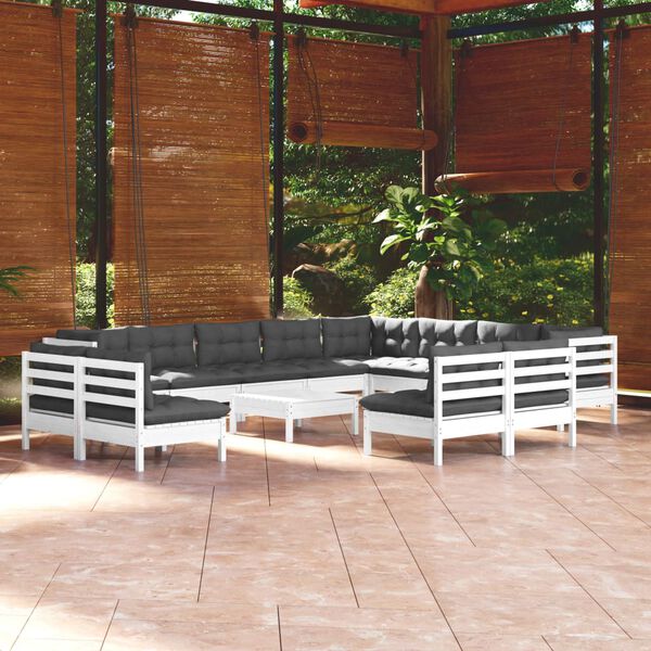 vidaXL 13 pcs conj. lounge de jardim c/ almofadões pinho maciço branco