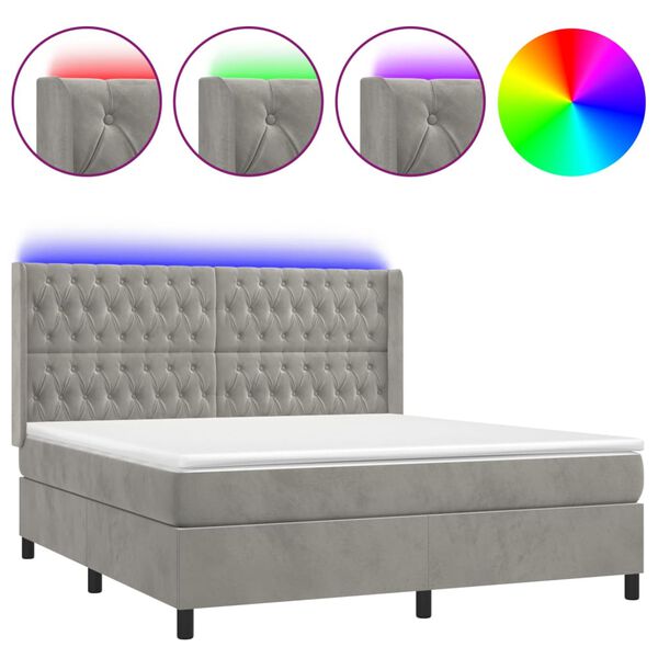 vidaXL Cama box spring c/ colch&atilde;o/LED 180x200 cm veludo cinzento-claro