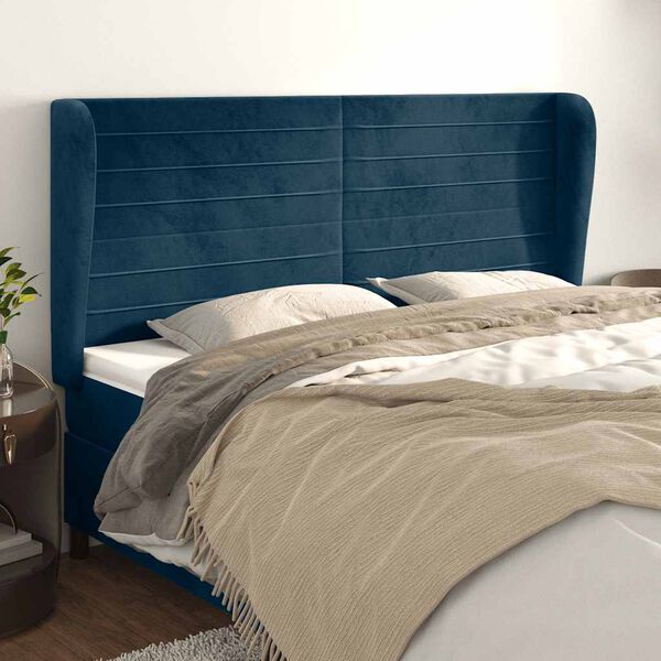 vidaXL Cabeceira cama c/ abas veludo 203x23x118/128 cm azul-escuro