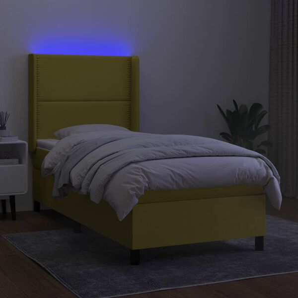 vidaXL Cama box spring c/ colch&atilde;o e LED 90x200 cm tecido verde
