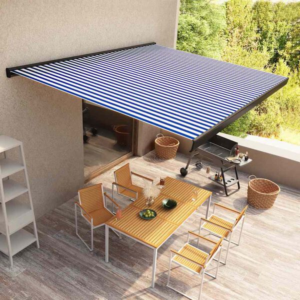 vidaXL Toldo motorizado com caixa 500x300 cm azul e branco