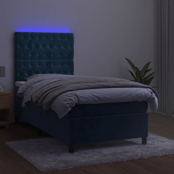 vidaXL Cama box spring c/ colch&atilde;o/LED 90x200 cm veludo azul-escuro