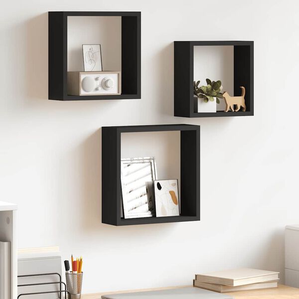 vidaXL Prateleiras de parede em forma de cubo 3 pcs MDF preto
