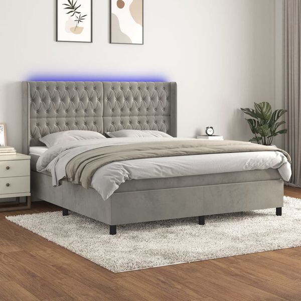 vidaXL Cama box spring c/ colch&atilde;o/LED 180x200 cm veludo cinzento-claro