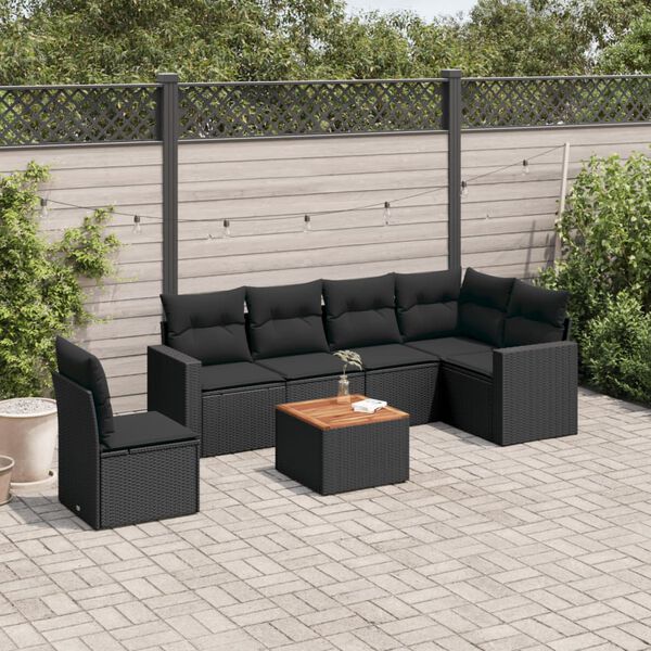 vidaXL 7 pcs conjunto de sofás p/ jardim c/ almofadões vime PE preto