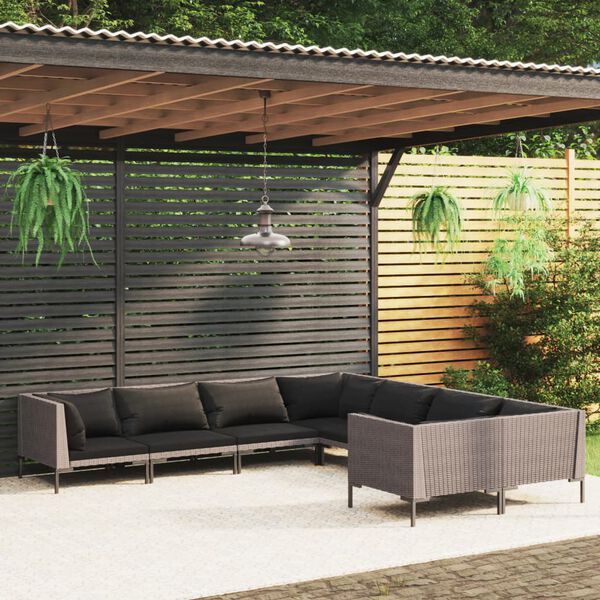 vidaXL 8 pcs conj. lounge jardim c/ almofadões vime PE cinzento-escuro
