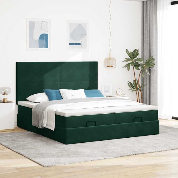 vidaXL Estrutura de cama otomana com colch&atilde;o verde escuro Veludo