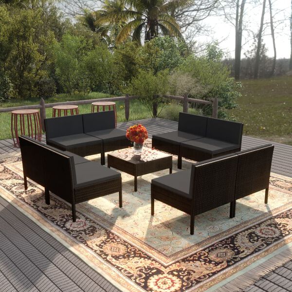 vidaXL 9 pcs conjunto lounge de jardim c/ almofad&otilde;es vime PE preto