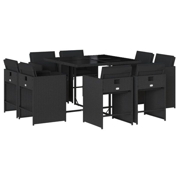 vidaXL 9 pcs conjunto de jantar p/ jardim c/ almofad&otilde;es vime PE preto