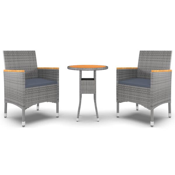 vidaXL 3 pcs conjunto de jantar para jardim vime PE cinzento