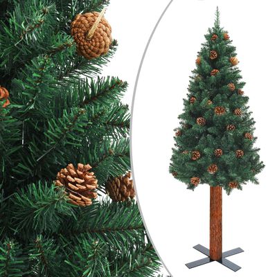 vidaXL Árvore de Natal fina madeira e pinhas genuínas 150 cm PVC verde