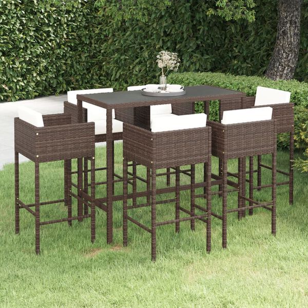 vidaXL 7 pcs conjunto de bar p/ jardim com almofadões vime PE castanho