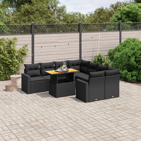 vidaXL 9 pcs conjunto de sof&aacute;s p/ jardim c/ almofad&otilde;es vime PE preto