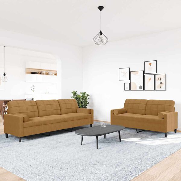 vidaXL 2 pcs conjunto de sofás com almofadões e rolos veludo castanho