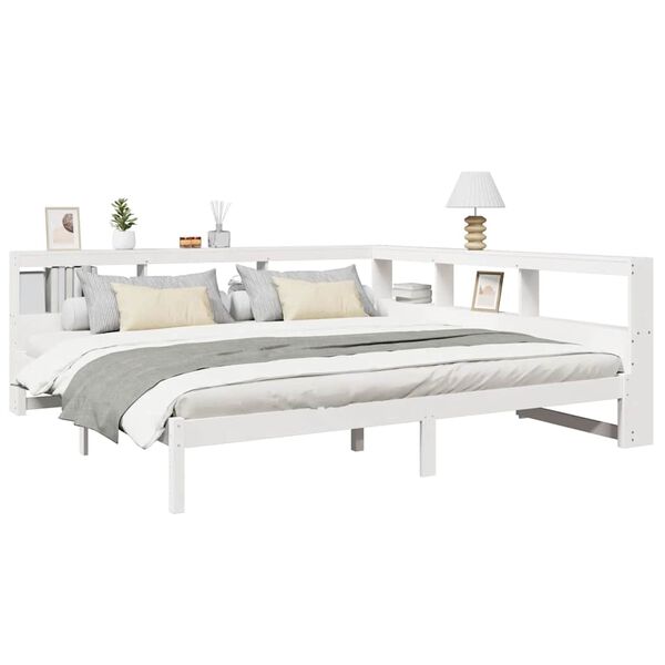 vidaXL Cama com estante sem colch&atilde;o 180x200 cm pinho maci&ccedil;o branco