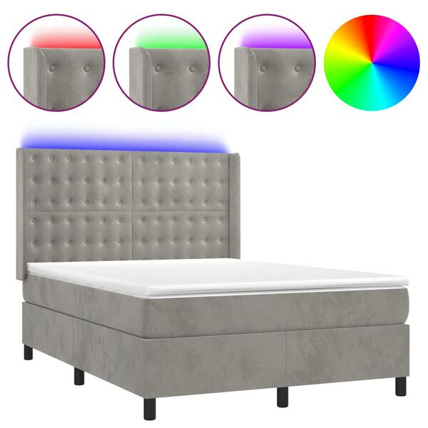 vidaXL Cama box spring c/ colch&atilde;o/LED 140x200 cm veludo cinzento-claro