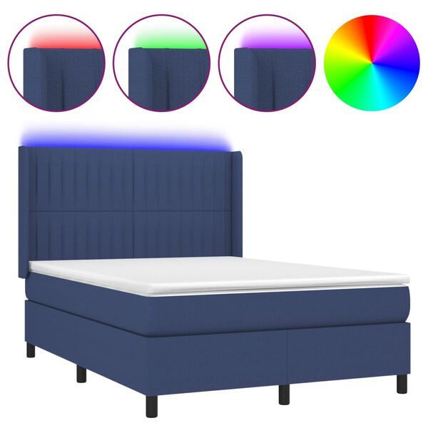 vidaXL Cama box spring c/ colch&atilde;o e LED 140x200 cm tecido azul