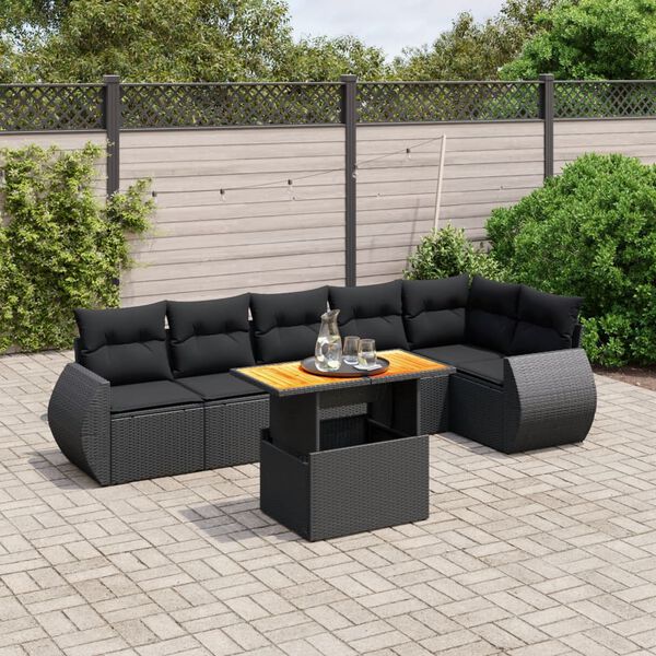 vidaXL 7 pcs conjunto de sof&aacute;s p/ jardim c/ almofad&otilde;es vime PE preto