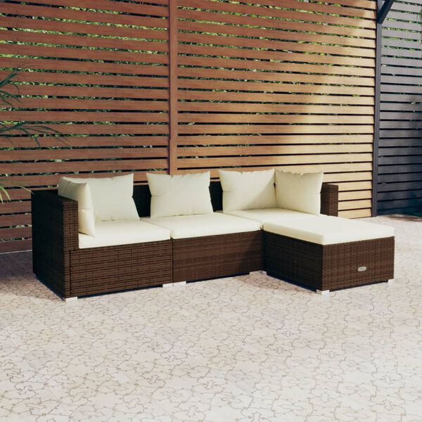 vidaXL 4 pcs conjunto lounge jardim c/ almofad&otilde;es vime PE castanho