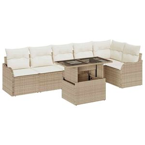 vidaXL Conjunto de Sof&aacute;s com almofada 7 pcs Bege Rattan Sint&eacute;tico