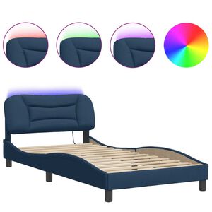 vidaXL Estrutura de cama com LED sem colch&atilde;o Hvar 100x200 cm tecido azul