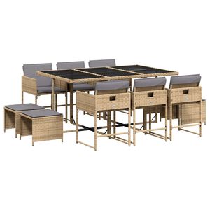 vidaXL 11 pcs conj. jantar jardim c/ almofad&otilde;es vime PE bege misturado