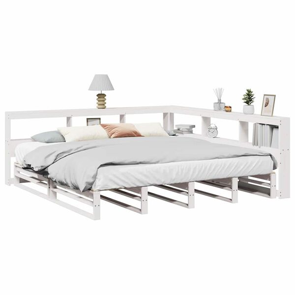 vidaXL Cama com estante sem colch&atilde;o 180x200 cm pinho maci&ccedil;o branco