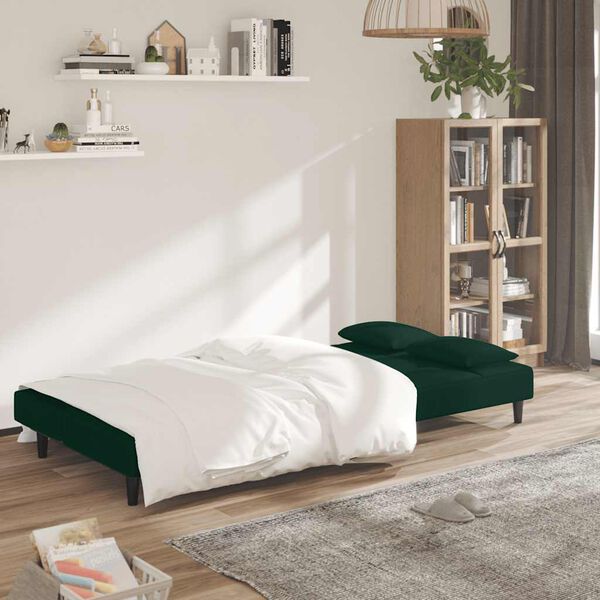 vidaXL Sof&aacute;-cama 2 lugares com duas almofadas veludo verde-escuro