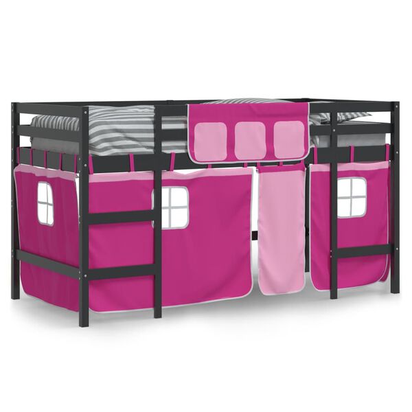 vidaXL Cama alta p/ crian&ccedil;a c/ cortinas 90x200 cm pinho maci&ccedil;o rosa