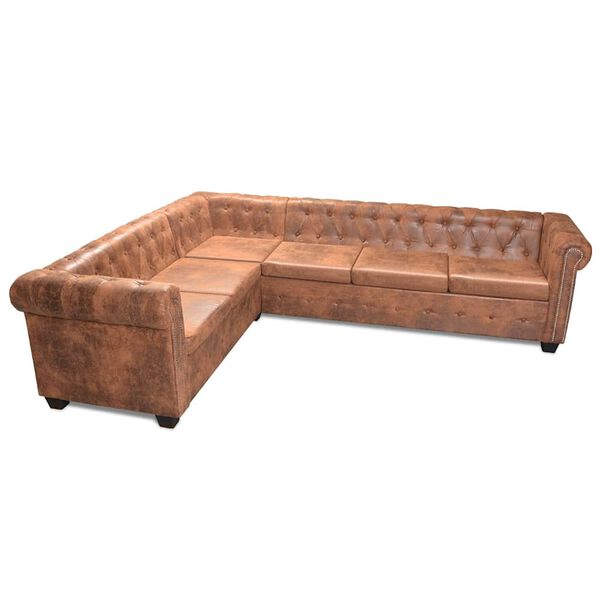 vidaXL Sof&aacute; de canto Chesterfield 6 lugares couro artificial castanho