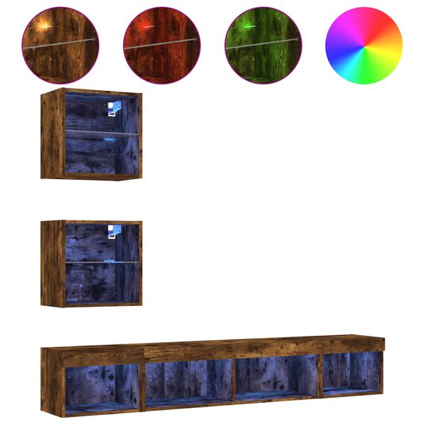 vidaXL 5pcs m&oacute;veis parede p/ TV c/ LEDs deriv. madeira carvalho fumado