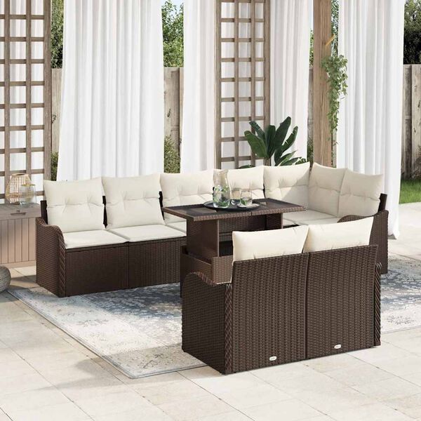 vidaXL Conjunto de lounge com almofada 9 pcs Castanho Rattan Sint&eacute;tico