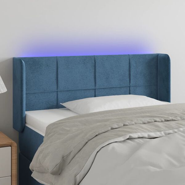 vidaXL Cabeceira de cama c/ luzes LED veludo 93x16x78/88cm azul-escuro