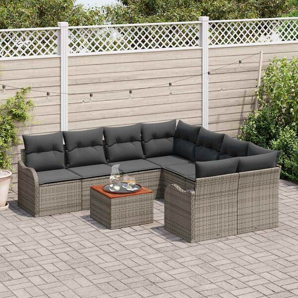 vidaXL Conjunto de Sof&aacute; de Jardim com almofada 9 pcs Cinzeto vime PE