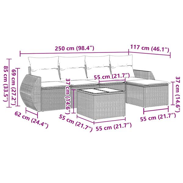 vidaXL 6 pcs conjunto sof&aacute;s de jardim c/ almofad&otilde;es vime PE preto