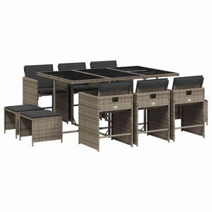 vidaXL 11 pcs conjunto jantar p/ jardim c/ almofad&otilde;es vime PE cinzento