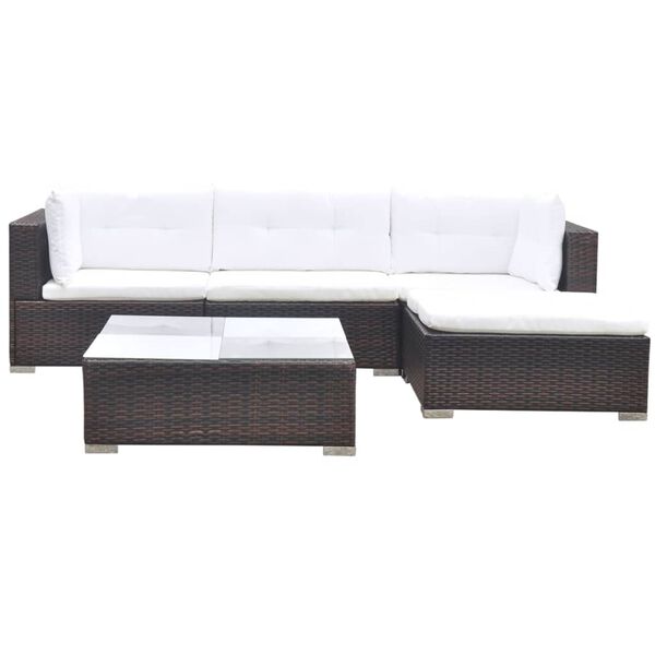 vidaXL 5 pcs conjunto lounge jardim c/ almofadões vime PE castanho