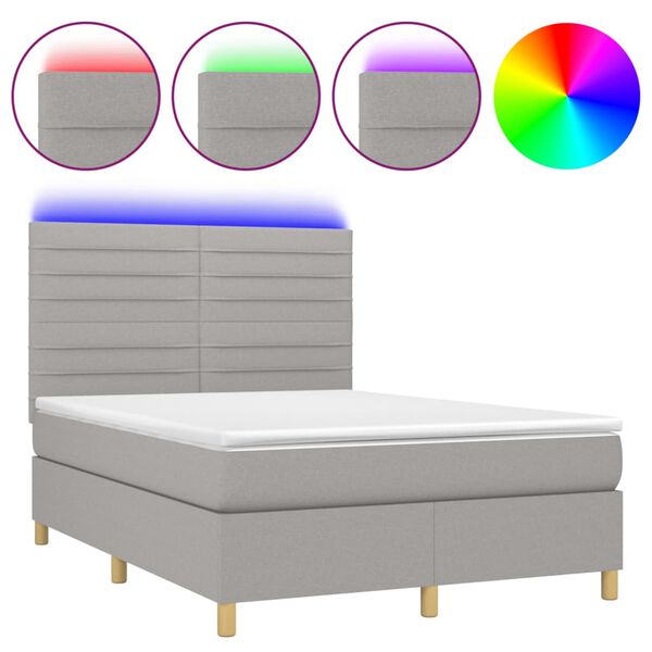 vidaXL Cama box spring c/ colch&atilde;o e LED 140x200 cm tecido cinza-claro