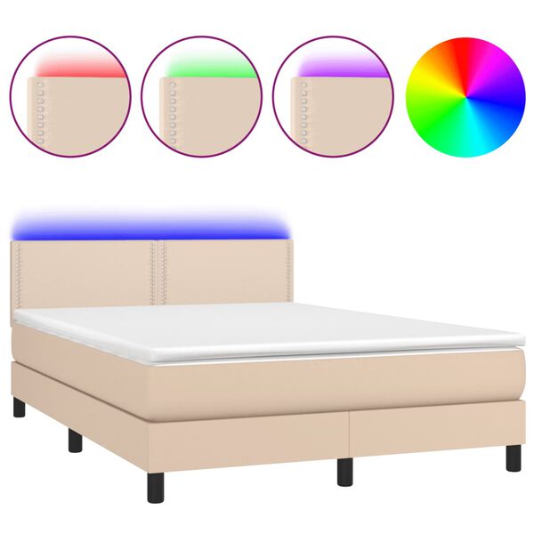 vidaXL Cama box spring c/colch&atilde;o/LED 140x200cm couro artif. cappuccino