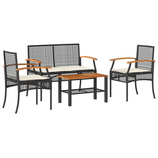 vidaXL 4 pcs conjunto lounge de jardim c/ almofad&otilde;es vime PE preto