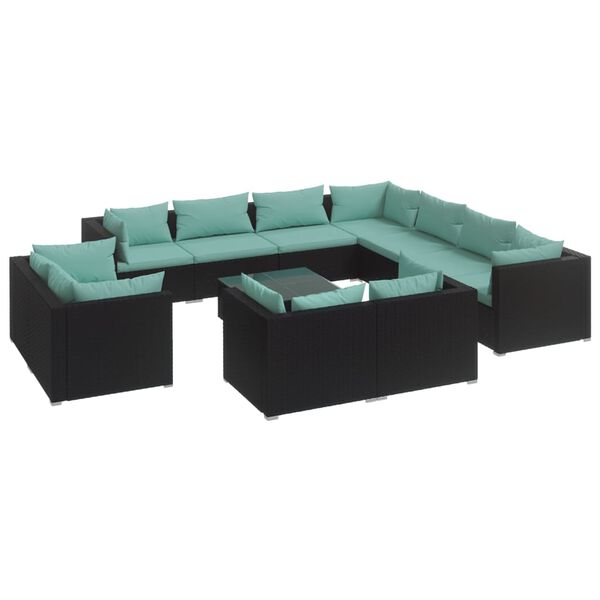 vidaXL 12 pcs conjunto lounge de jardim c/ almofad&otilde;es vime PE preto