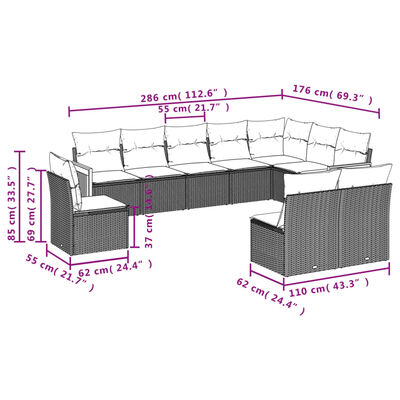 vidaXL 10 pcs conjunto de sofás p/ jardim com almofadões vime PE bege