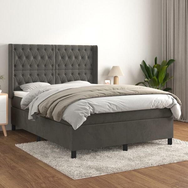 vidaXL Cama com molas/colch&atilde;o 140x200 cm veludo cinzento-escuro