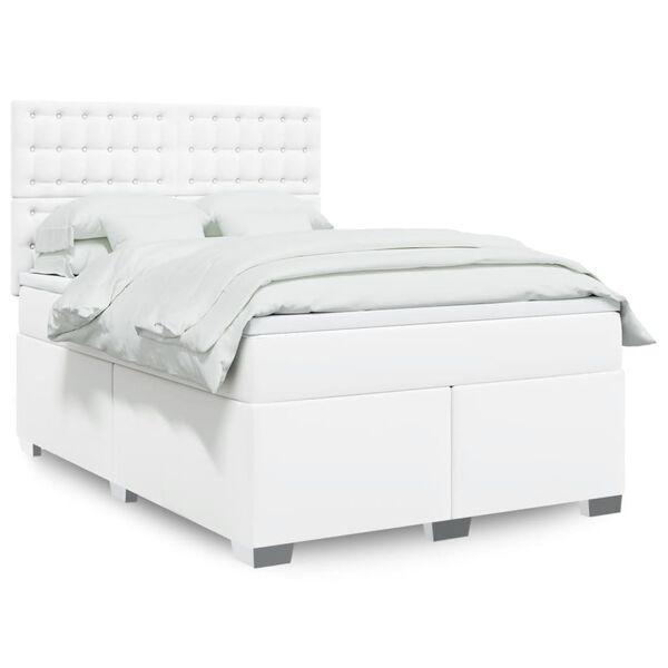 vidaXL Cama com molas/colch&atilde;o 140x190 cm couro artificial branco
