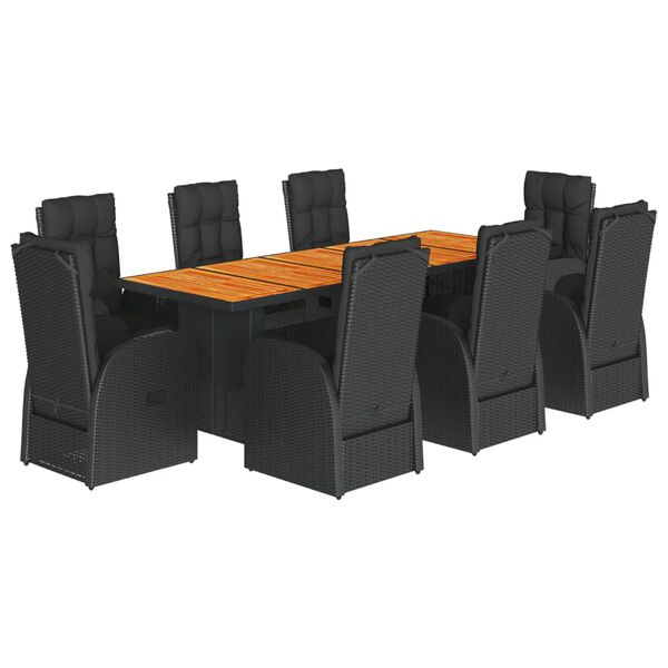 vidaXL 9 pcs conjunto de jantar p/ jardim c/ almofad&otilde;es vime PE preto
