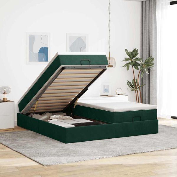 vidaXL Estrutura de cama otomana com colch&atilde;o verde escuro Veludo