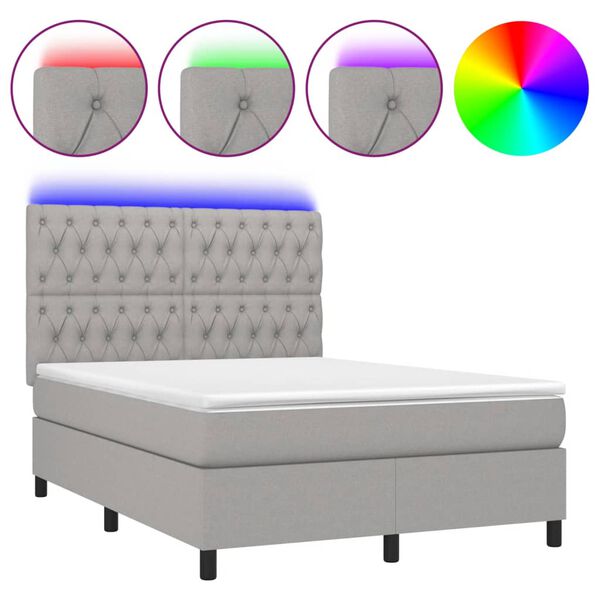 vidaXL Cama box spring c/ colch&atilde;o e LED 140x190 cm tecido cinza-claro