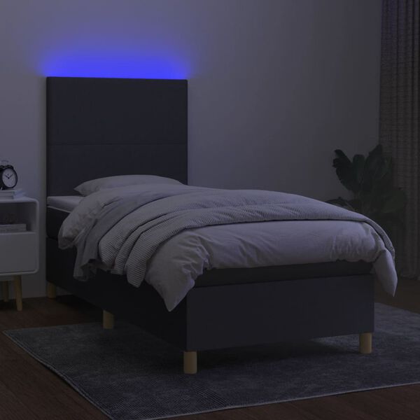 vidaXL Cama box spring c/ colch&atilde;o e LED 90x200 cm tecido cinza-escuro